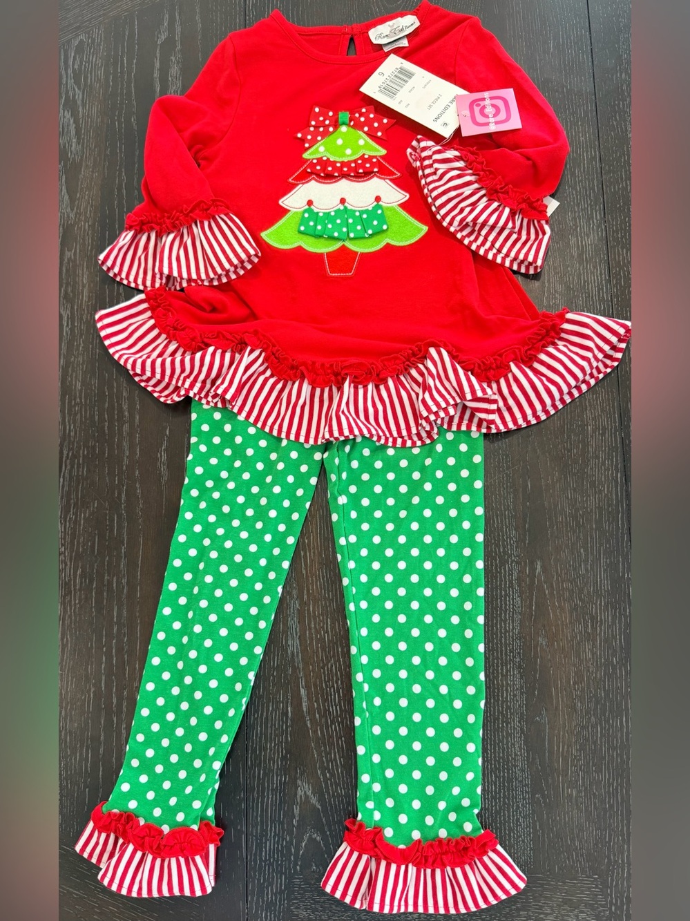 Rare Editions Red & Green Christmas Tree Ruffle Top with Polka Dot Leggings 6